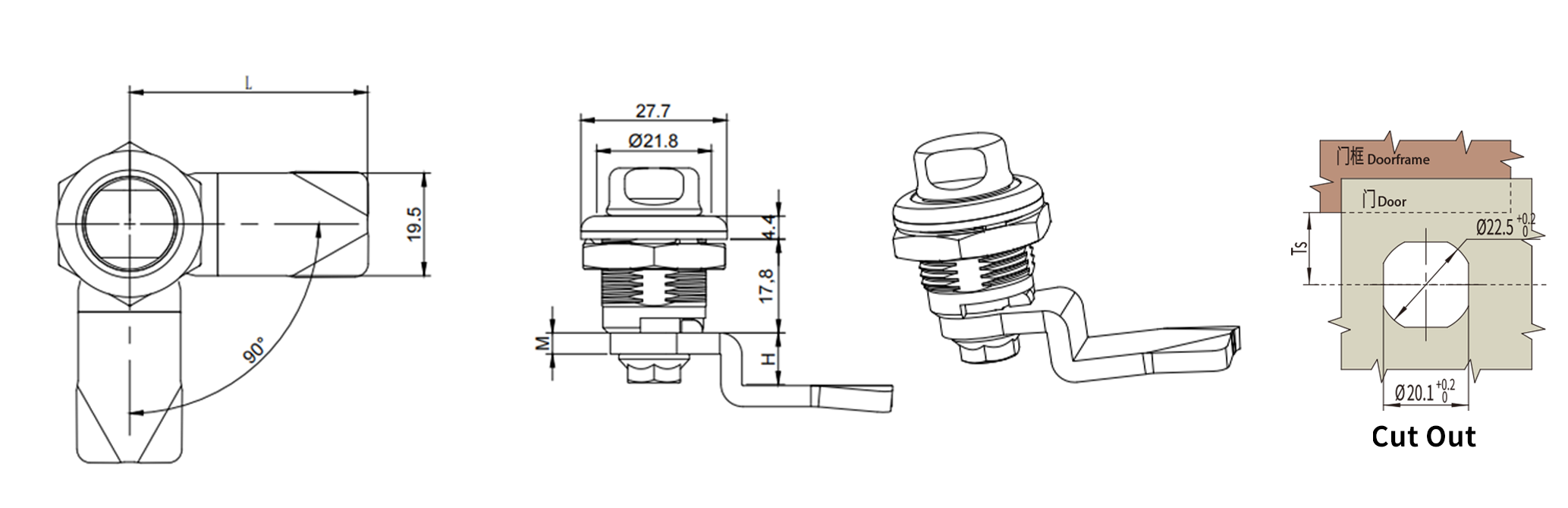 Quarter Turn Lock D1-1401-02D size