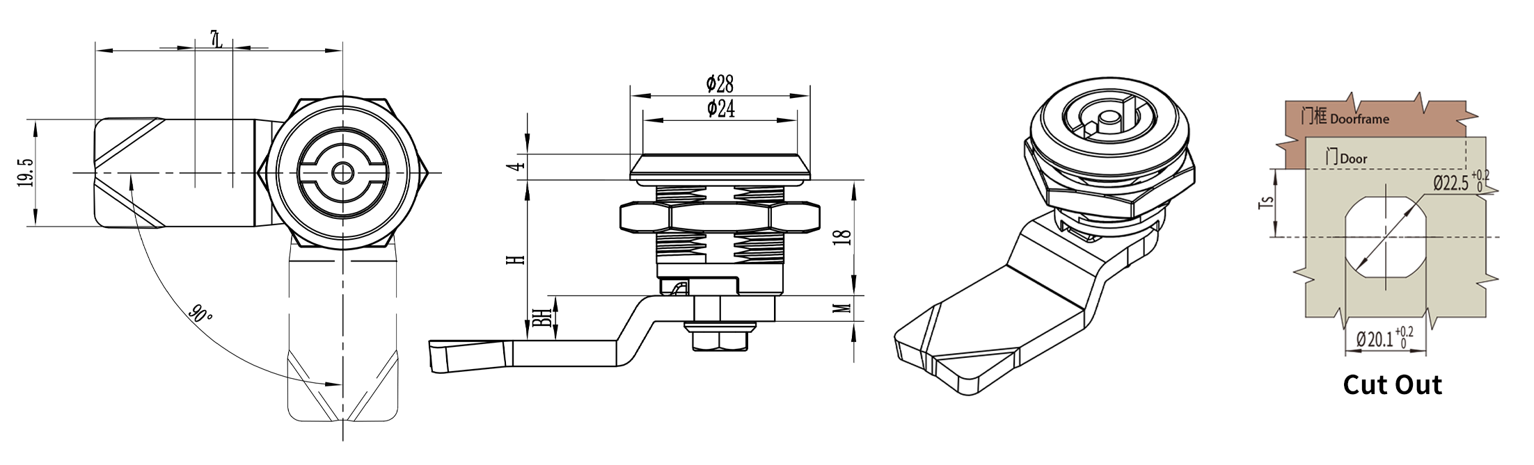 Quarter Turn Lock D1-1401-S size