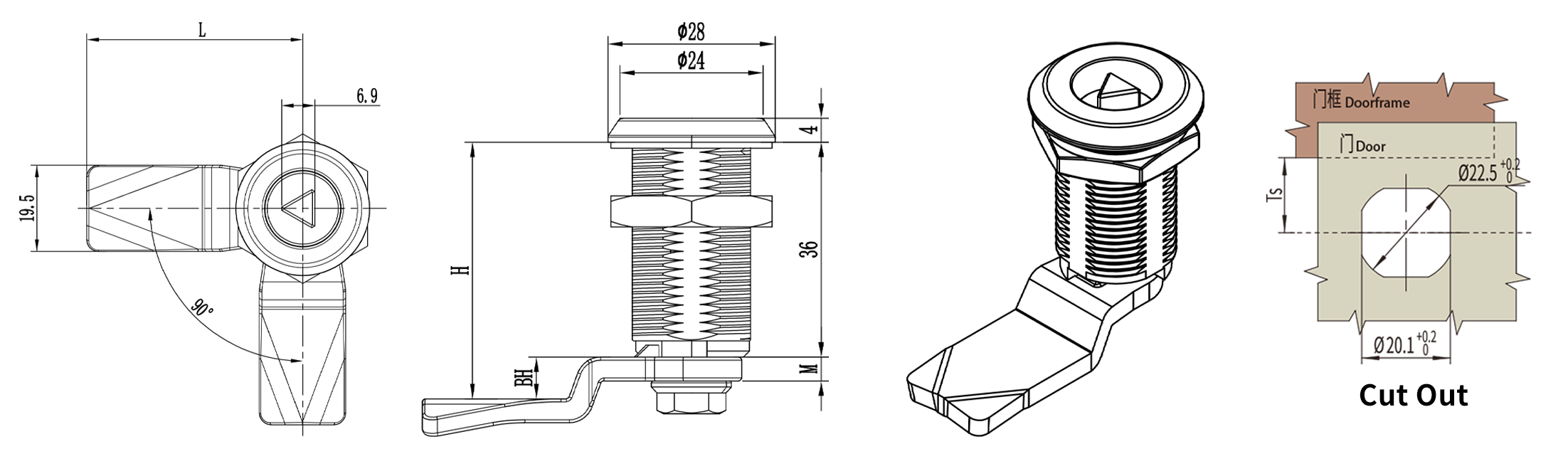 Quarter Turn Lock D1-1403-037 size