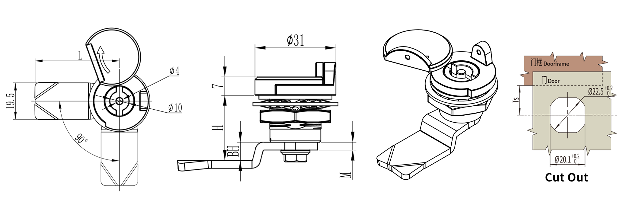 Quarter Turn Lock D1-1412-014 size