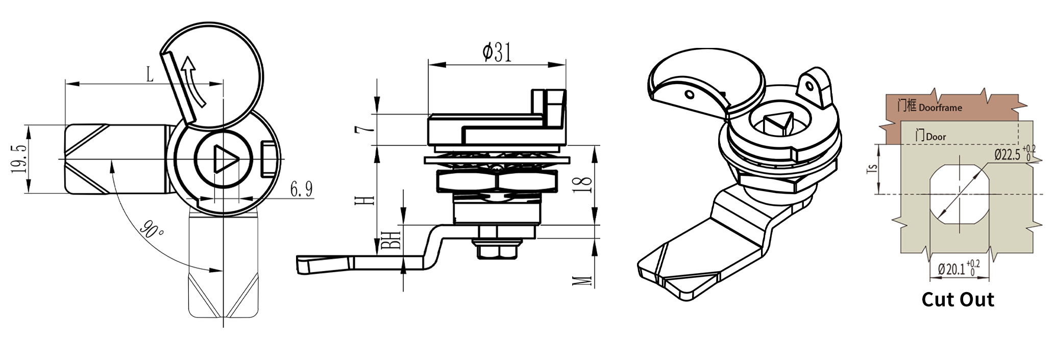 Quarter Turn Lock D1-1412-037 size