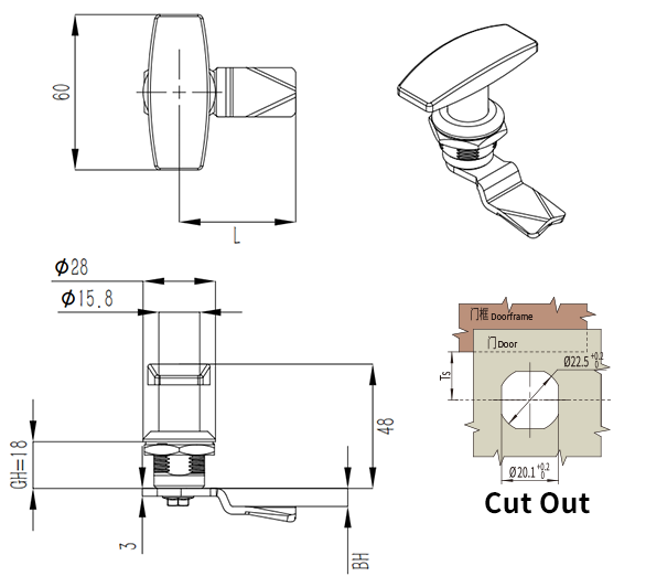 Quarter turn lock MS705-3U-size