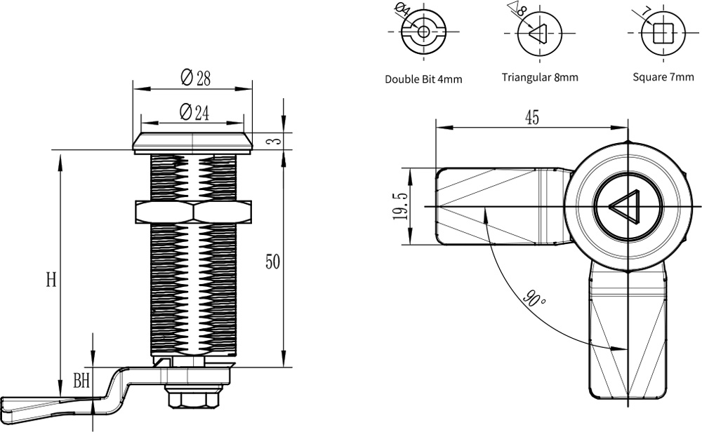 1. Material and surface treatment Stainless steel 316 or 304 2. Performance parameters: Protection level: IP65 3. Installation instructions: Fixing screw torque 8N.M Fixing nut torque 17N.M D1-1404 Applicable door thickness: 1-30mm D1-1405 Applicable door thickness: 1-40mm
