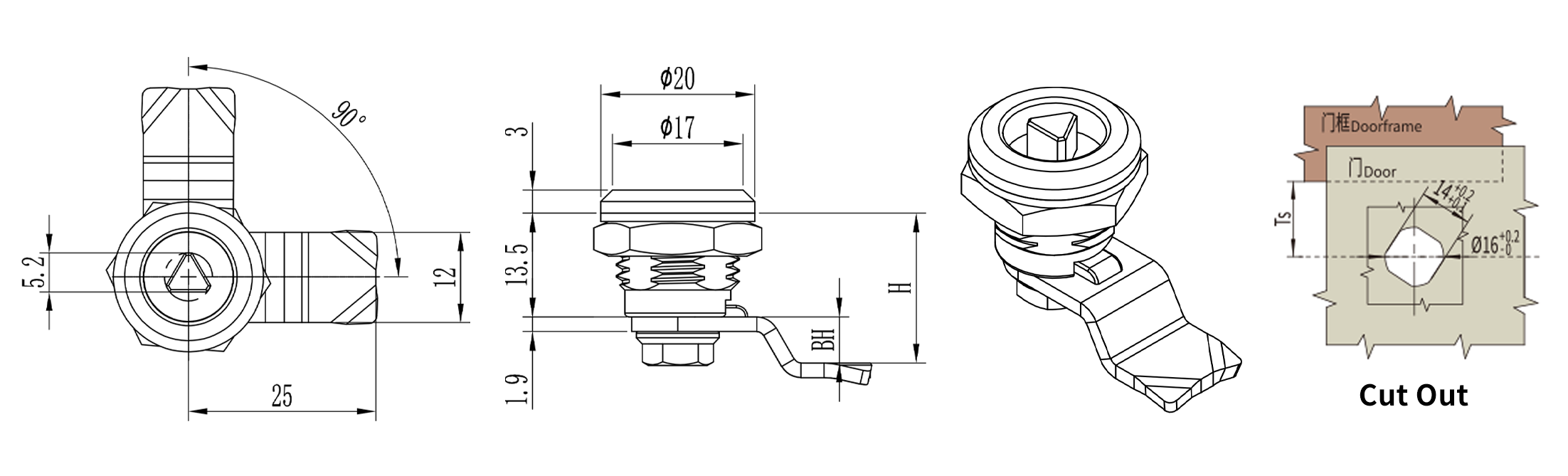 Quarter Turn Lock D1-1414-3 size
