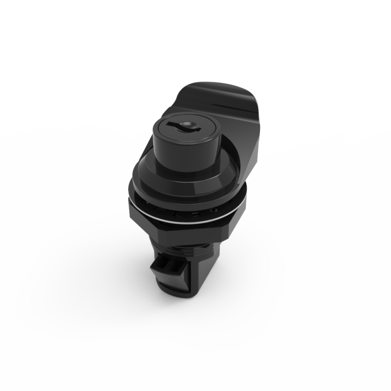 Push to Close Latch, Push Button, Key Locking, Pull tab parallel to latching pawl, Plastic, Black