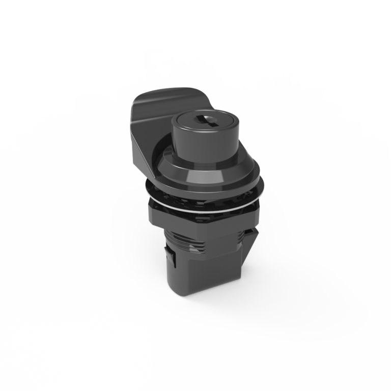 Push to Close Latch, Push Button, Key Locking, Pull tab perpendicular to latching pawl, Plastic, Black