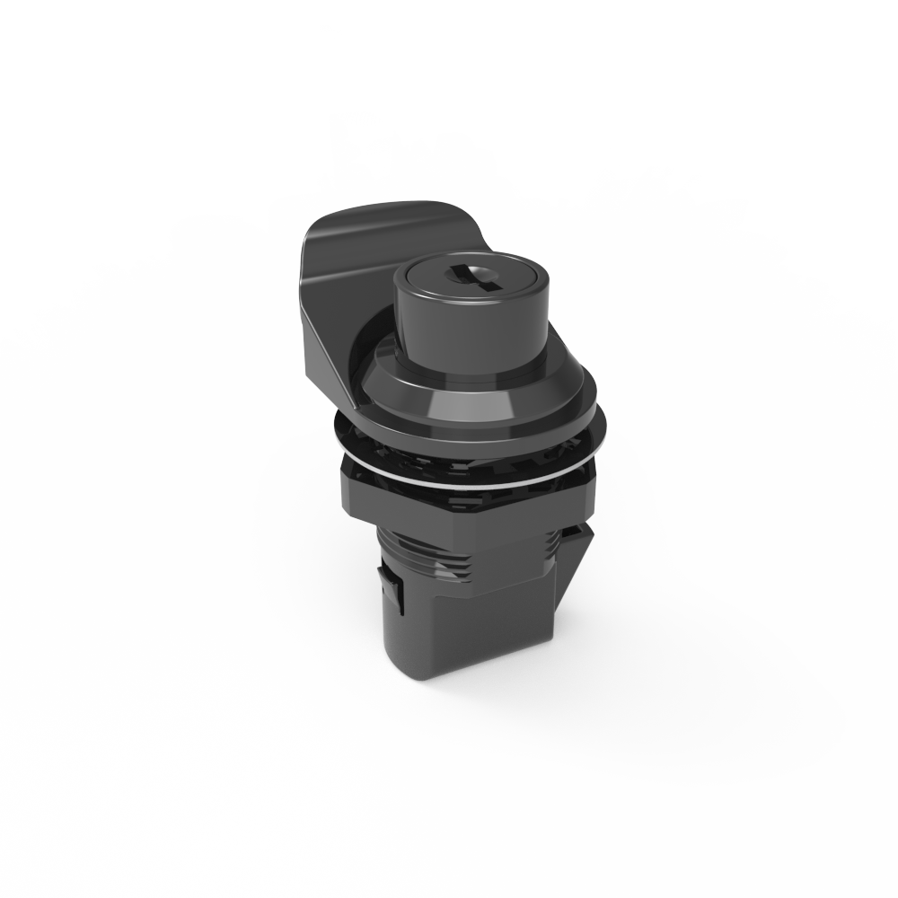 Push to Close Latch, Push Button, Key Locking, Pull tab perpendicular to latching pawl, Plastic, Black