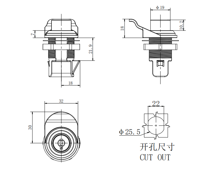 Push to Close Latch, Push Button, Key Locking, Pull tab perpendicular to latching pawl, Plastic, Black