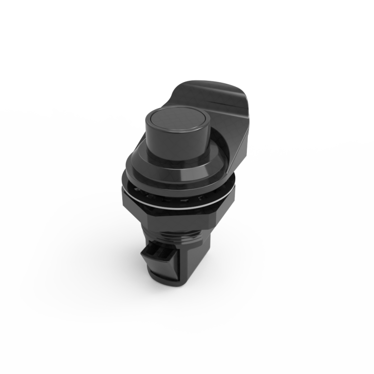 Push to Close Latch, Push Button, Pull tab parallel to latching pawl, Plastic, Black