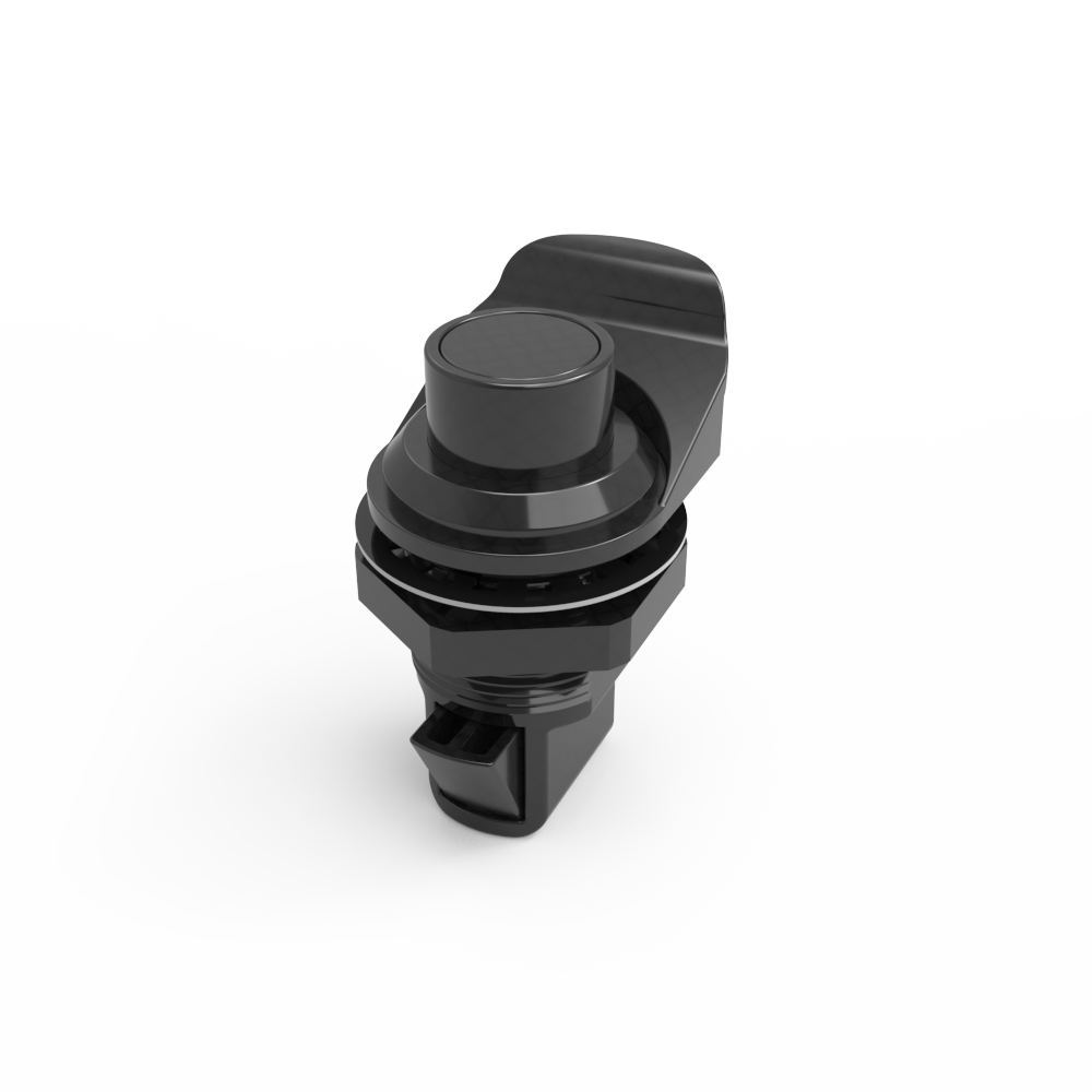 Push to Close Latch, Push Button, Pull tab parallel to latching pawl, Plastic, Black