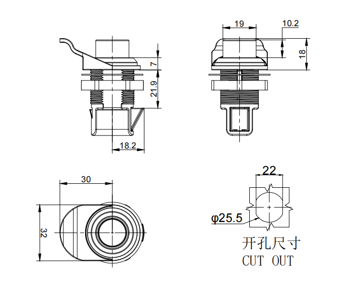 Push to Close Latch, Push Button, Pull tab parallel to latching pawl, Plastic, Black