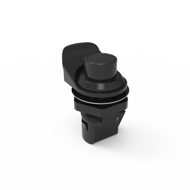 Push to Close Latch, Push Button, Pull tab perpendicular to latching pawl, Plastic, Black