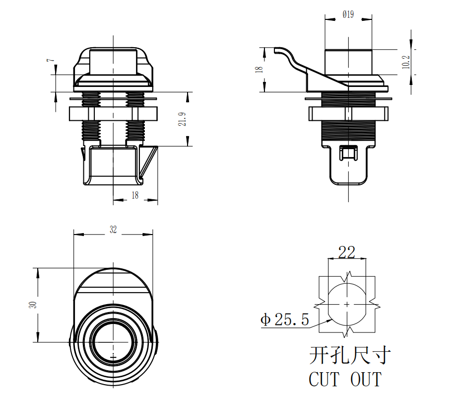 Push to Close Latch, Push Button, Pull tab perpendicular to latching pawl, Plastic, Black