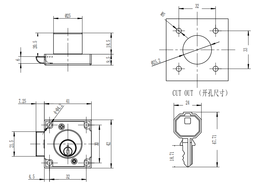 Drawer Lock push-in close with key, zinc alloy, Chrome plated, polished