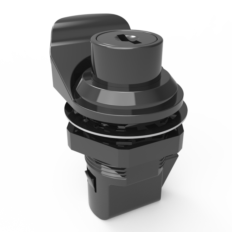 Push to Close Latch, Push Button, Key Locking, Pull tab perpendicular to latching pawl, Plastic, Black C1-1515-1