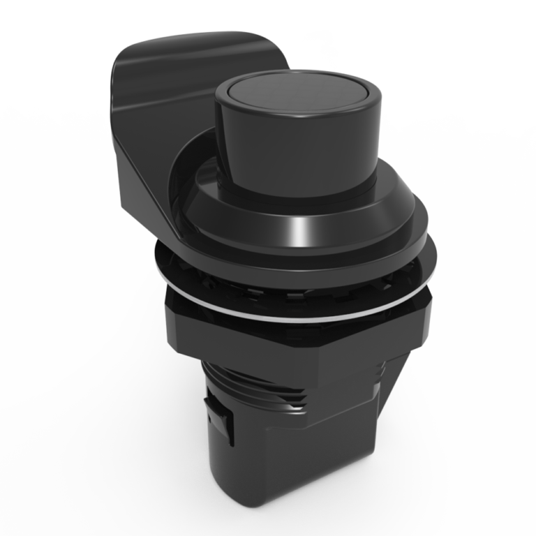 Push to Close Latch, Push Button, Pull tab perpendicular to latching pawl, Plastic, Black C1-1515-2