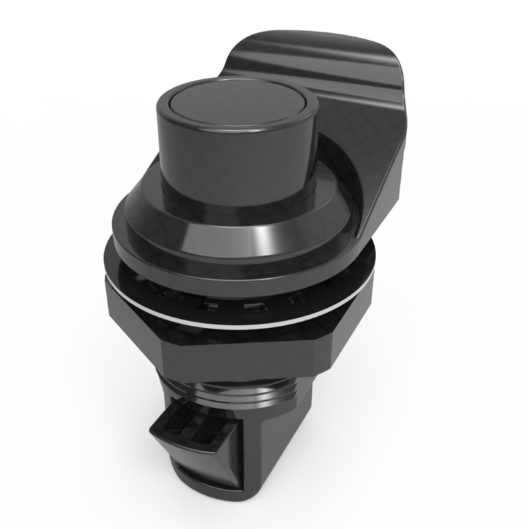 Push to Close Latch, Push Button, Pull tab parallel to latching pawl, Plastic, Black C1-1515-NS