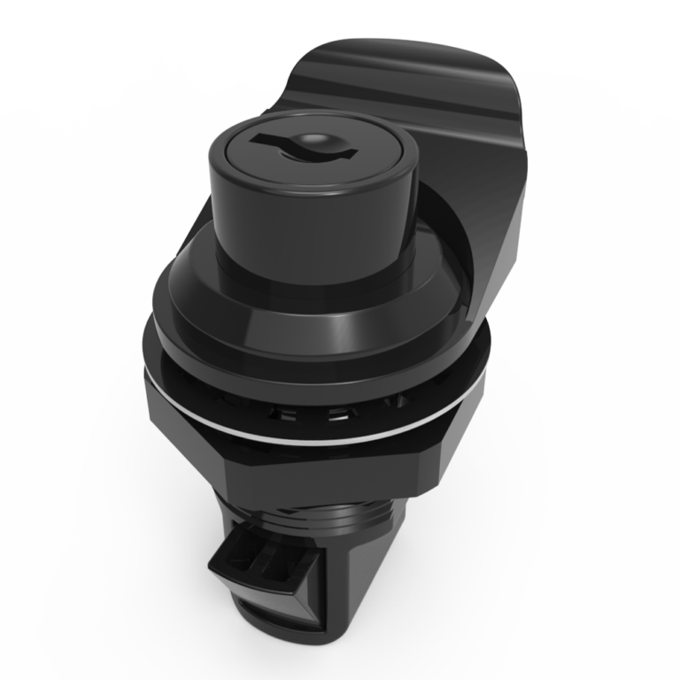 Push to Close Latch, Push Button, Key Locking, Pull tab parallel to latching pawl, Plastic, Black C1-1515