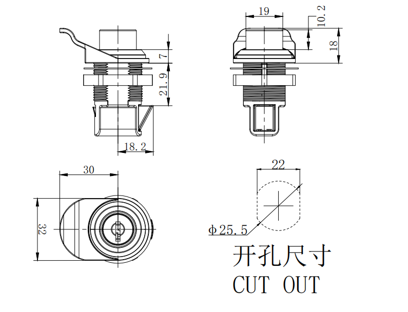 Push to Close Latch, Push Button, Key Locking, Pull tab parallel to latching pawl, Plastic, Black