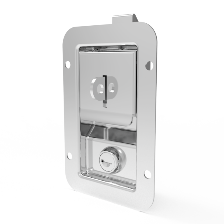 Paddle latch, large size, key lock, with padlock, rivet mount, stainless steel, polished finish. MS915-1G