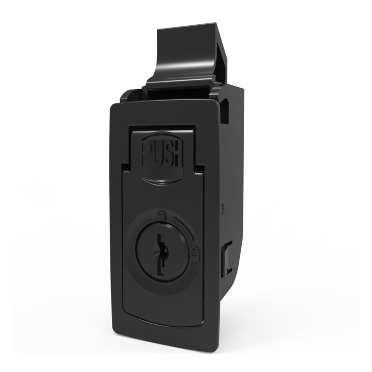 Psuh-to-close latch, snap-in, large size, K200 Key lock, 1.6mm(. 060 in) Panel thickness, ABS, black DK730-1