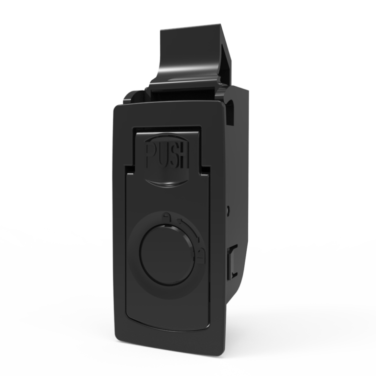 Psuh-to-close latch, snap-in, large size,No limit , 1.6mm(. 060 in) Panel thickness, ABS, black DK730-2