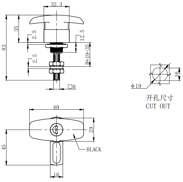 Cam latch t-handle B-1511 size