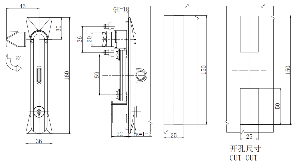 Swing handle lock MS861-2G size